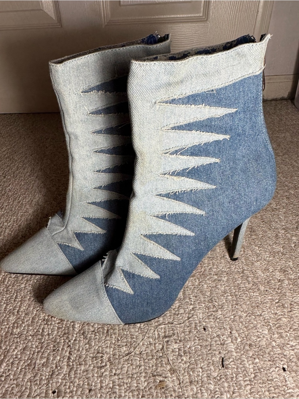 Cape Robbin Two-Tone Denim Pointed Ankle Boots - Light Blue & Medium Blue